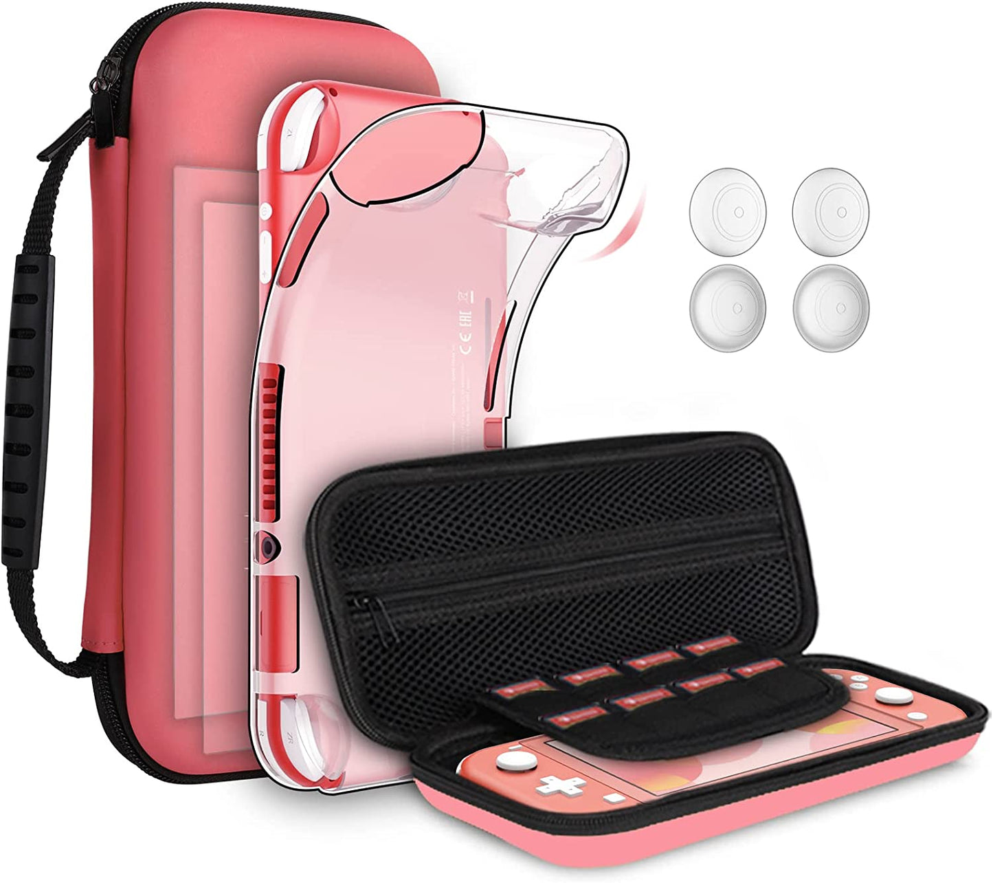 8PCS Case Compatible with Switch Lite, Carrying Case Accessories Kit, 1 Soft Silicon Case + 2 Screen Protector + 4 Thumb Caps + 1 Storage Carrying Coral