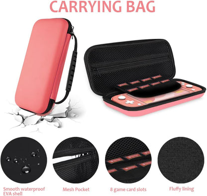 8PCS Case Compatible with Switch Lite, Carrying Case Accessories Kit, 1 Soft Silicon Case + 2 Screen Protector + 4 Thumb Caps + 1 Storage Carrying Coral